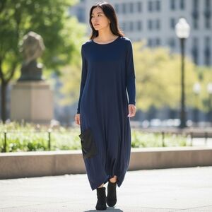 Celmia Collection Boho Caftan Maxi Dress Asymmetrical Bubble Hem Pocket Navy